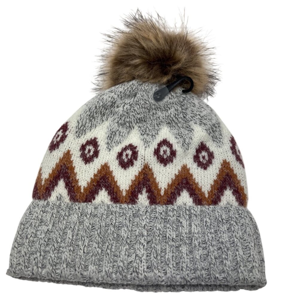 Simply Noel Womens Pom Beanie With Nordic Pattern & Faux Fur Pom Gray & Multicol - Picture 2 of 7